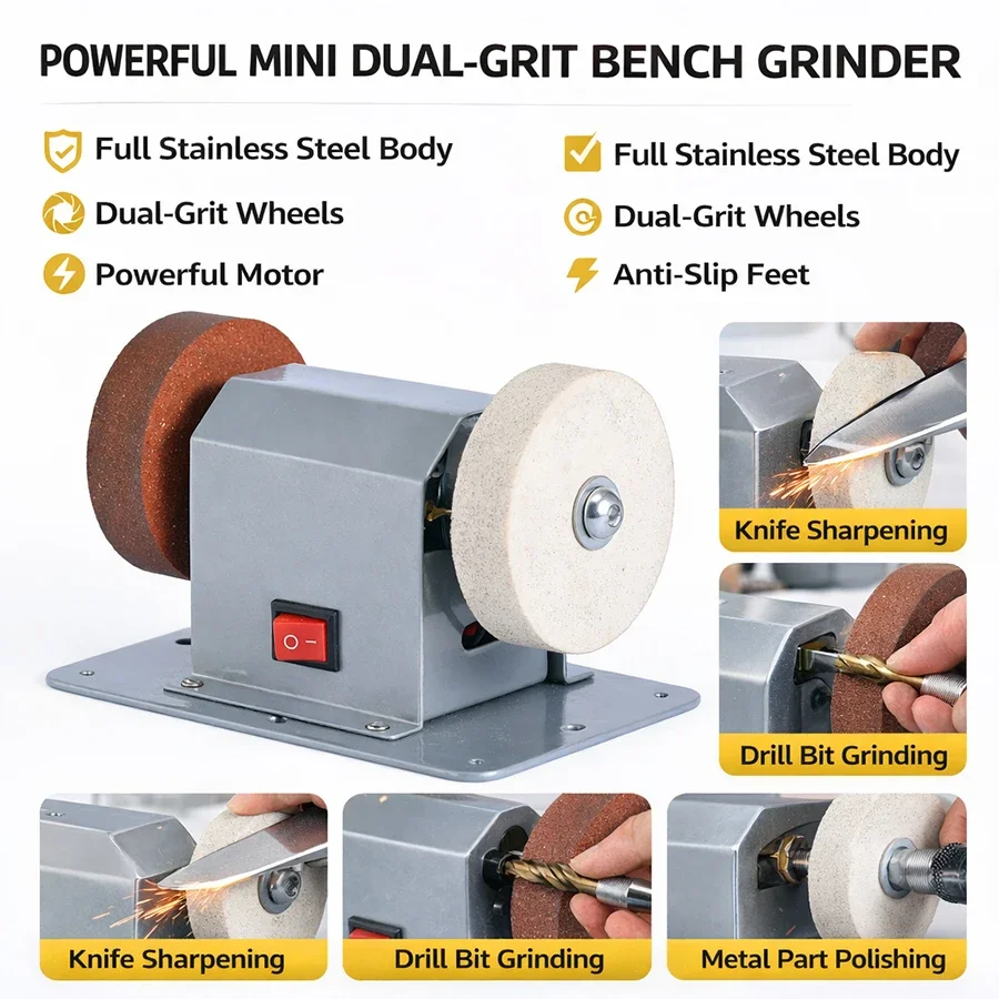 Power Tools Usa - ミニ電動ベンチグラインダー研磨機、ステンレスボディ、粗目・細目砥石、多機能工具研削盤